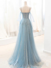 Elegant Gray-Blue V-Neck Tulle Sequin Long Prom Dress: A Stunning Evening Gown
