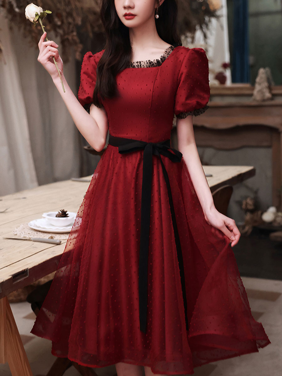 burgundy tulle dress Elegant Burgundy Tulle Lace Short Prom Dress for Bridesmaids