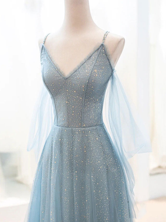 Elegant Gray-Blue V-Neck Tulle Sequin Long Prom Dress: A Stunning Evening Gown