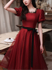 Elegant Burgundy Tulle Lace Short Prom Dress for Bridesmaids