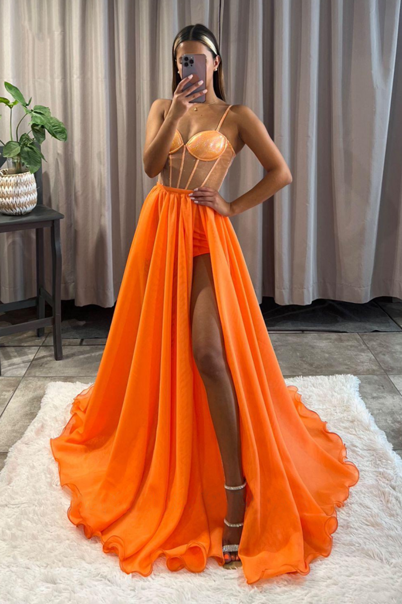 Elegant Orange A-Line Spaghetti Strap Prom Dress with Thigh High Slit