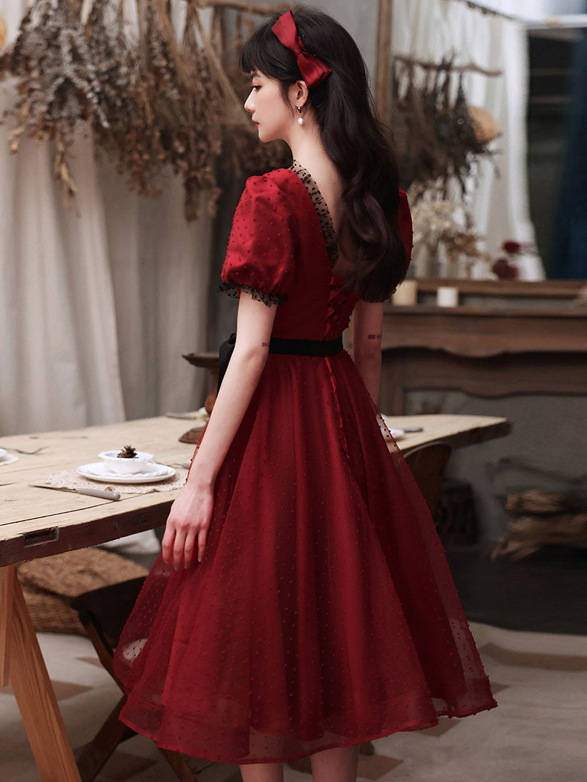 Elegant Burgundy Tulle Lace Short Prom Dress for Bridesmaids