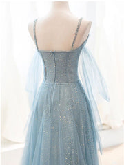 Elegant Gray-Blue V-Neck Tulle Sequin Long Prom Dress: A Stunning Evening Gown
