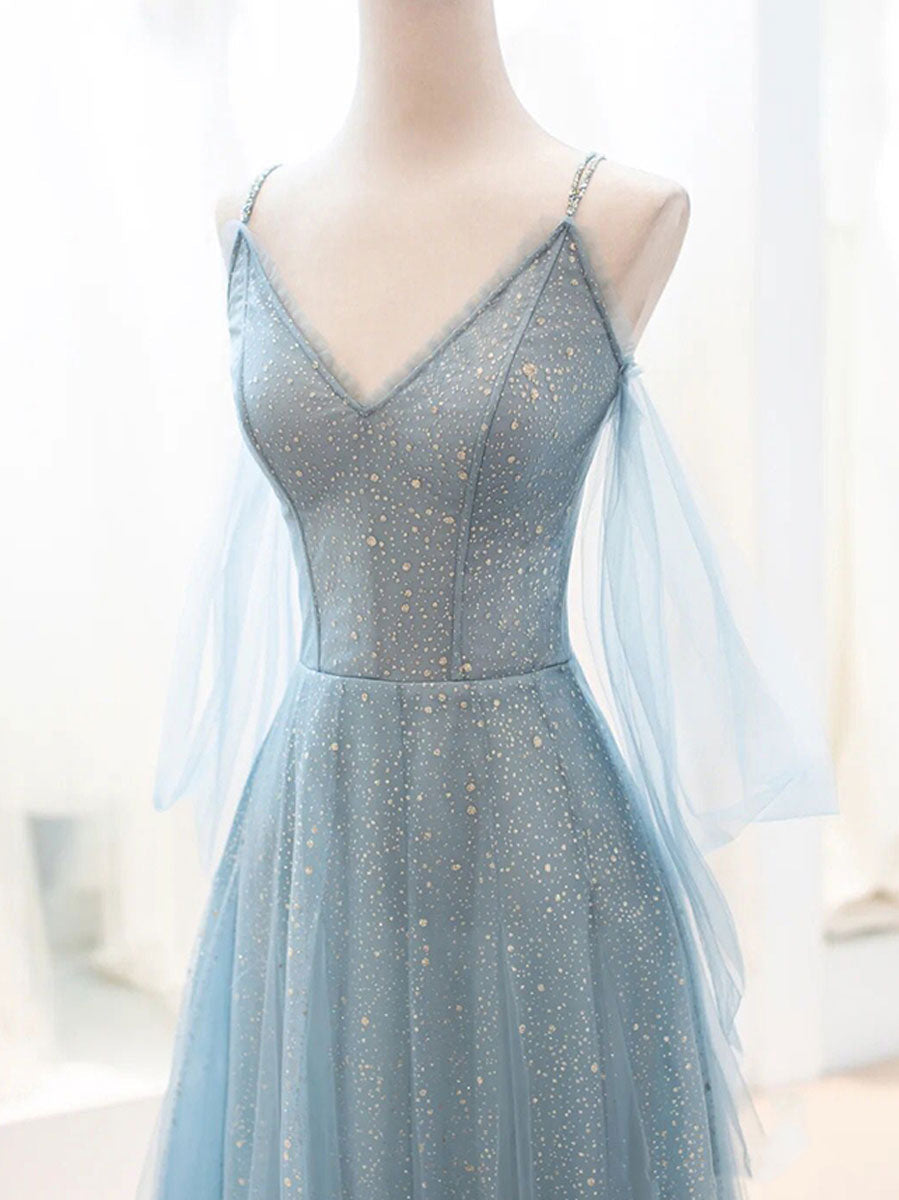 Elegant Gray-Blue V-Neck Tulle Sequin Long Prom Dress: A Stunning Evening Gown
