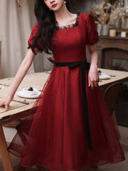 Elegant Burgundy Tulle Lace Short Prom Dress for Bridesmaids