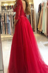 Elegant Long Sleeve A-Line Lace Prom Dress with Thigh Slit