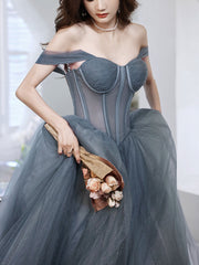 Gray Blue Tulle Long Prom Dress Sweetheart Neck Evening Gown