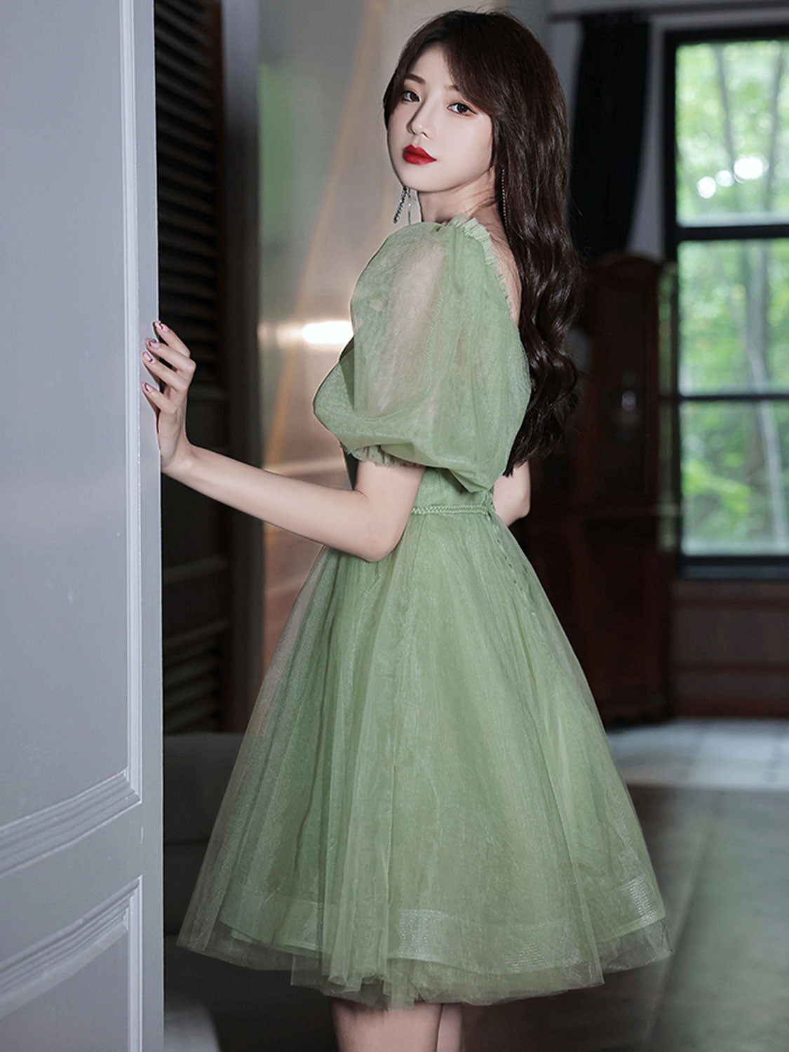sage green tulle dress Azazie Sanna