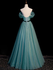 Elegant Green A-Line Tulle Sequin Floor-Length Evening Prom Dress