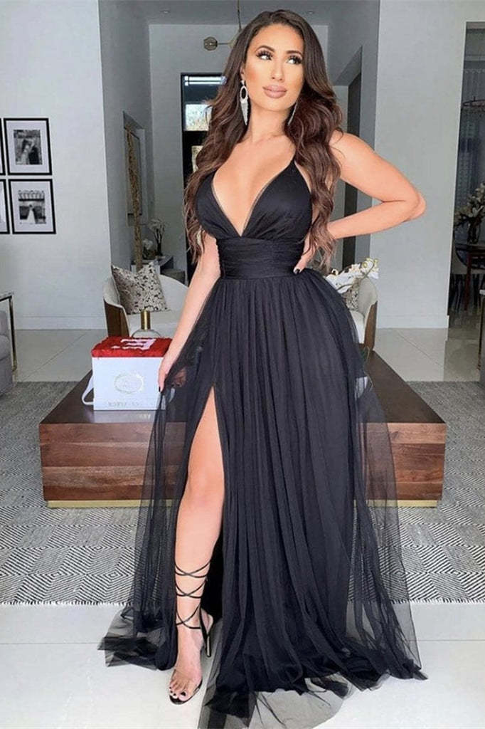 Elegant Black V-Neck Prom Dress with High Split for Special Occasions