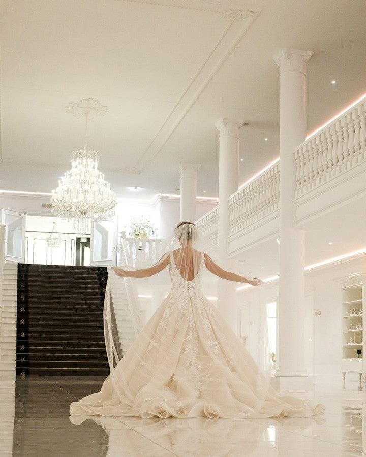 Elegant A-Line Deep V-Neck Spaghetti Strap Floor-Length Backless Wedding Gown with Lace Appliques