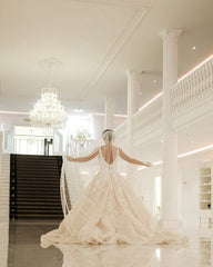 Elegant A-Line Deep V-Neck Spaghetti Strap Floor-Length Backless Wedding Gown with Lace Appliques