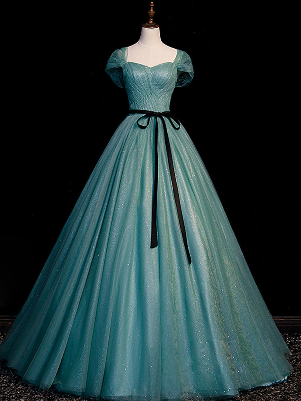 Elegant Green A-Line Tulle Sequin Floor-Length Evening Prom Dress