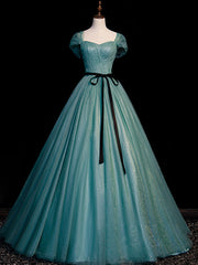 Elegant Green A-Line Tulle Sequin Floor-Length Evening Prom Dress