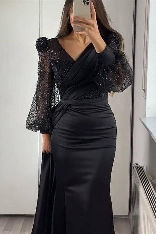 Elegant V-Neck Long Sleeve Sequin Mermaid Evening Gown with Ruffle Split