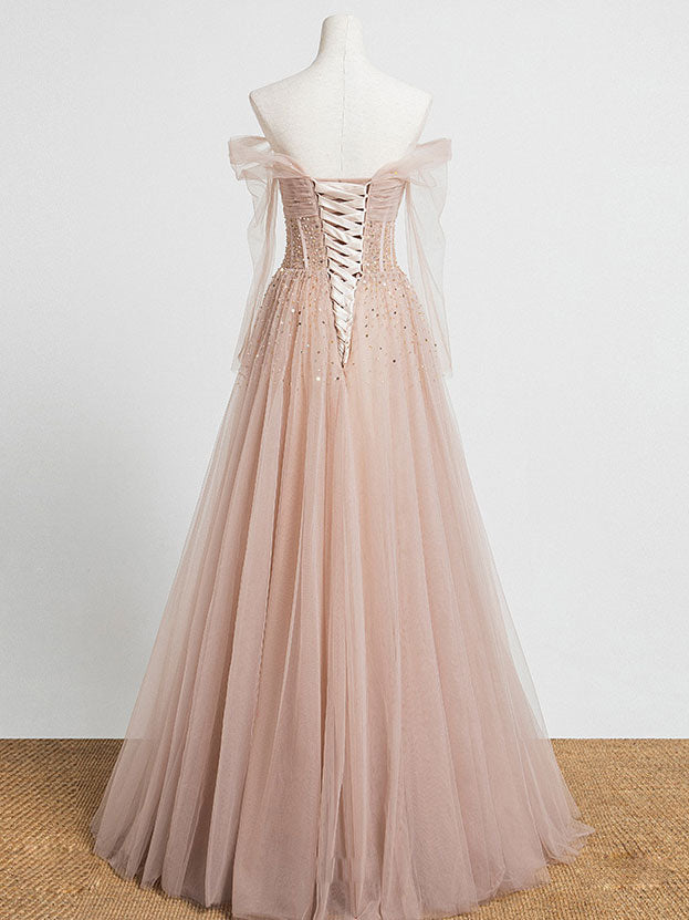 Champagne Pink Tulle Beaded Long Prom Evening Dress with Built‑In Bra