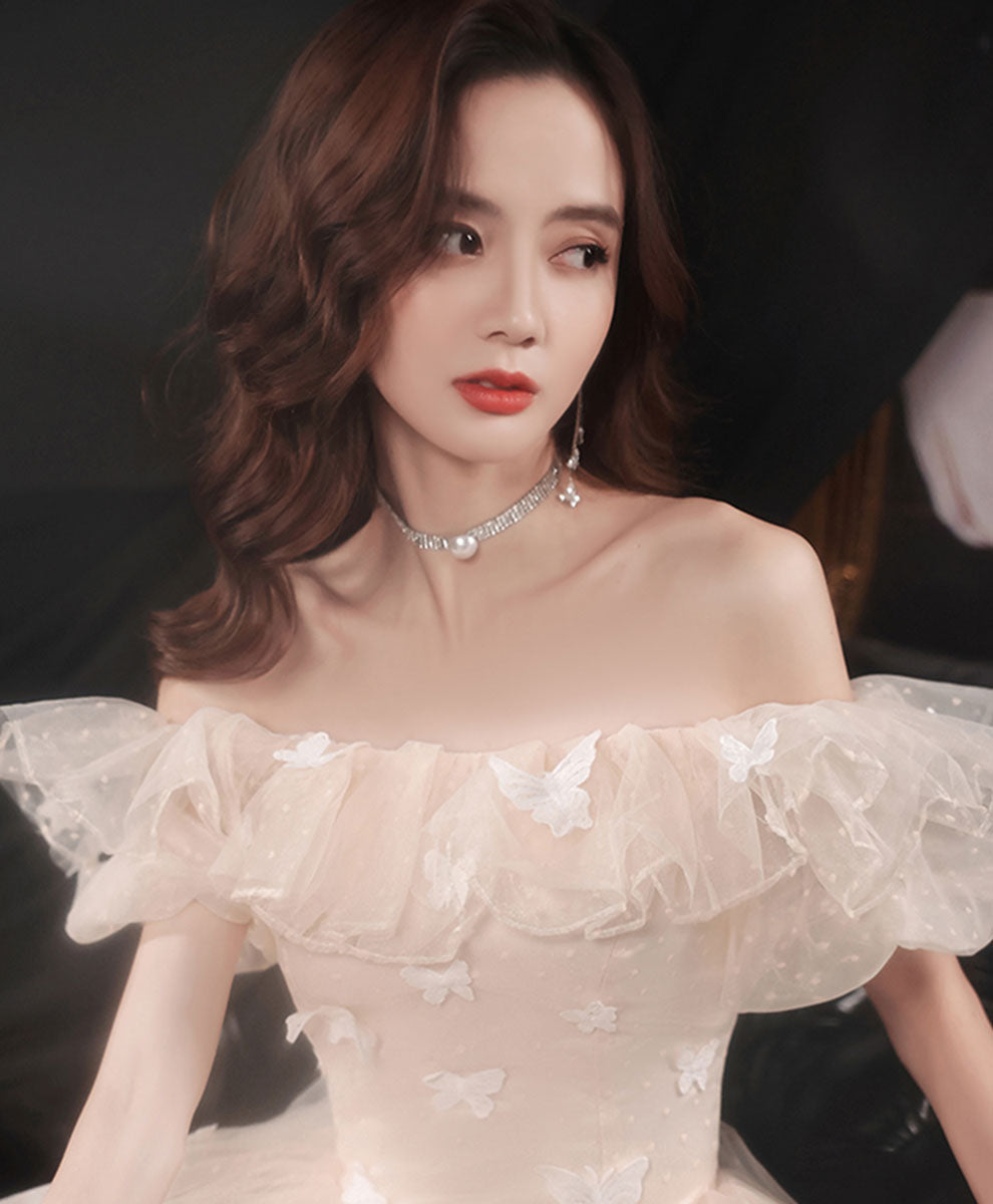 Elegant Champagne Tulle Lace Off Shoulder Long Prom Formal Dress