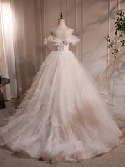 Elegant A-Line Off-Shoulder White Tulle Prom Dress: Perfect Sweet Sixteen Gown