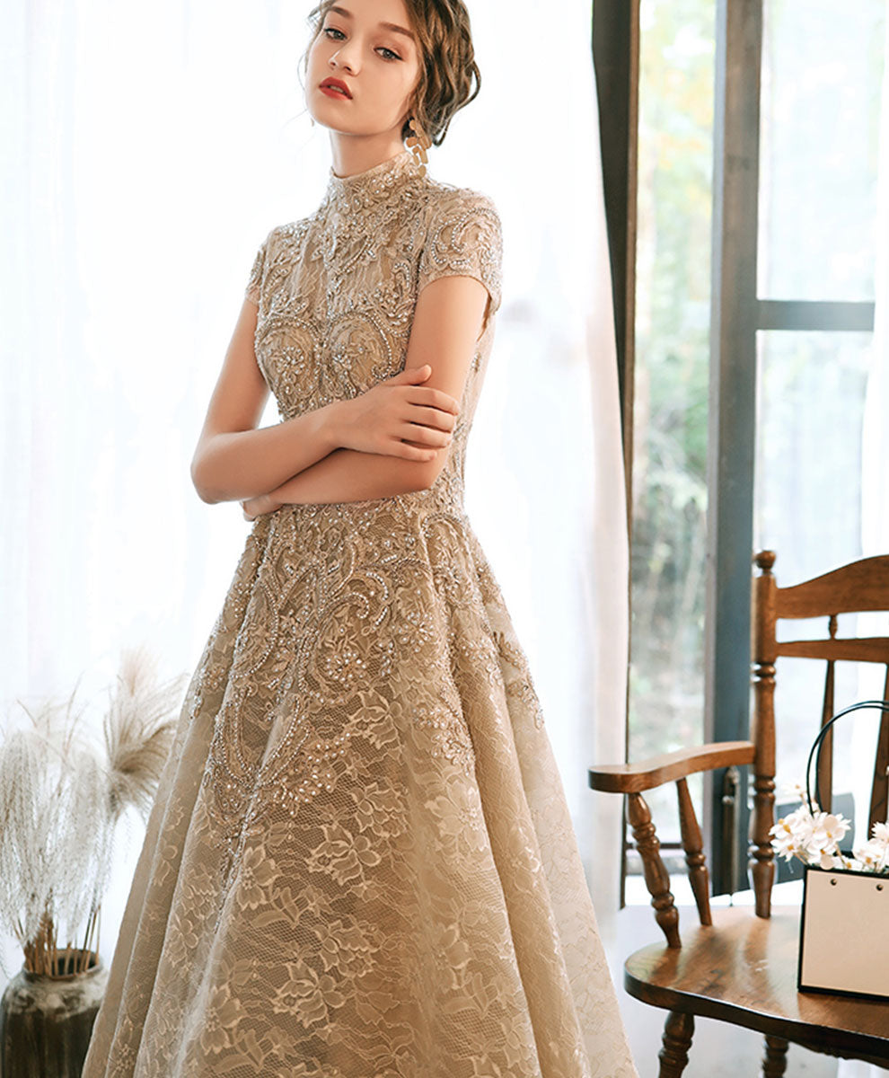 Champagne High Neck Lace Formal Prom Dress Champagne High Neck Lace Formal Prom Dress