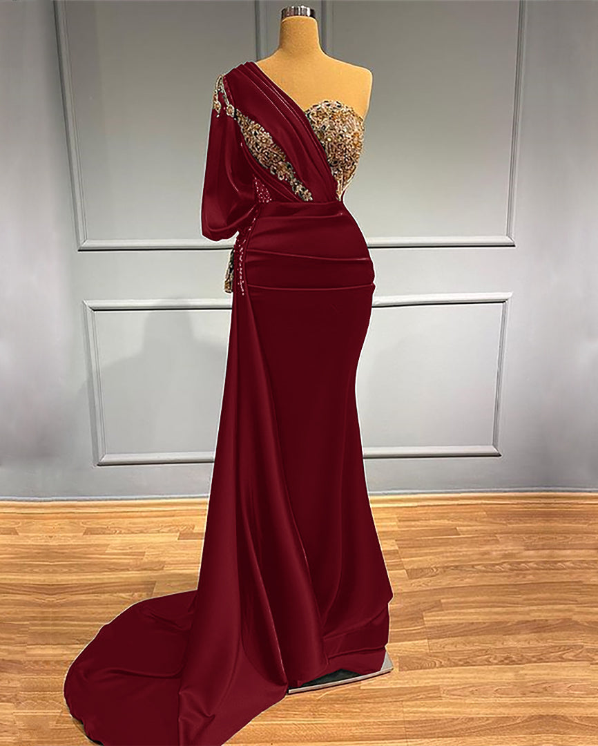 Elegant Dark Green One-Shoulder Mermaid Prom Dress with Beaded Appliques