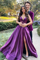 Elegant Purple V-Neck Spaghetti Strap Prom Dress with Slit for Women