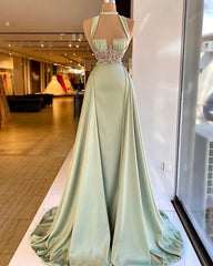 Elegant Halter Green Beaded A-Line Mermaid Prom Dress for Special Occasions