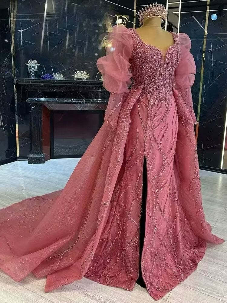 Pink Mermaid High Split Beaded Evening Dress Beaded Bubble Sleeve Gown