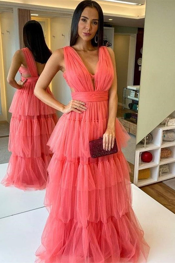 Sleeveless Watermelon Tulle Prom Dress: Elegant V-Neck, Tiered Skirt, Perfect for Parties Sleeveless Watermelon Tulle Prom Dress: Elegant V-Neck, Tiered Skirt, Perfect for Parties