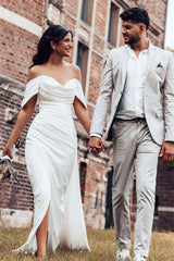 Off-the-Shoulder Charmeuse Bridal Gown with High Side Split