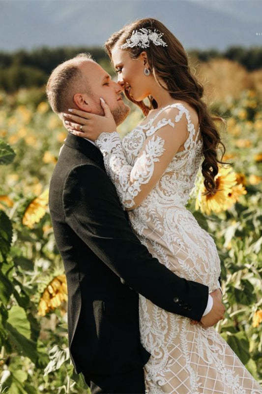 Illusion Long-Sleeve Mermaid Lace Wedding Gown with Sheer Applique