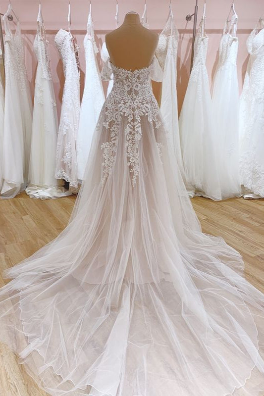 Elegant Off-Shoulder A-Line Wedding Gown with Sweetheart Backless Tulle and Train