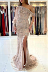 Elegant Long Sleeves Mermaid Prom Dress with Split and Beaded Embellishments