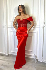 Glamorous Red Jewel Mermaid Prom Dress with Pleats Off-Shoulder Evening Gown