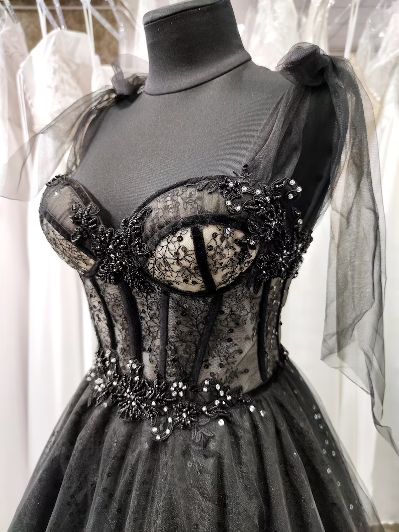 Elegant Black Wedding Dress with Beaded Lace Appliques - Stunning Bridal Gown Elegant Black Wedding Dress with Beaded Lace Appliques - Stunning Bridal Gown