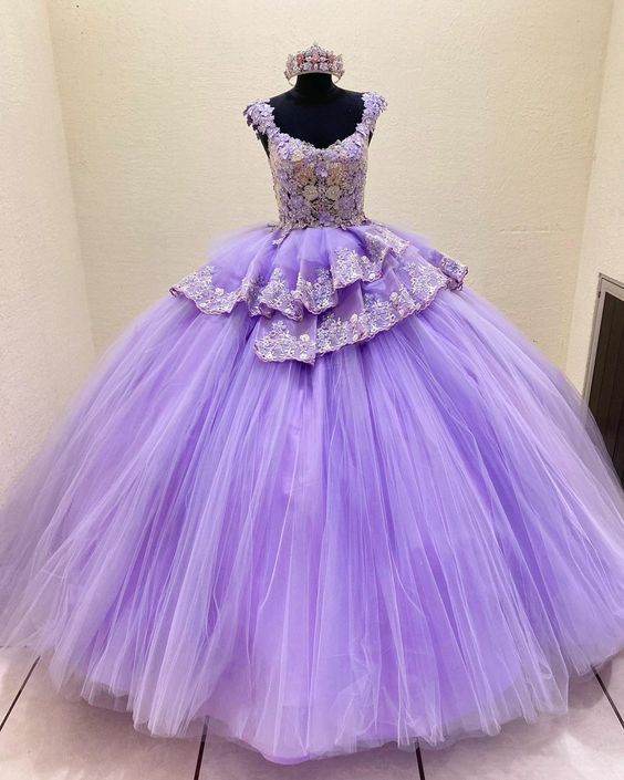 Purple Tulle Ball Gown Prom Dress Lace-Up Back Evening