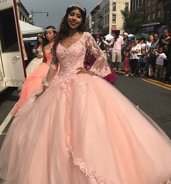 Pink Lace Ball Gown Prom Dress Long Tulle Evening Gown
