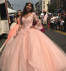 Pink Lace Ball Gown Prom Dress Long Tulle Evening Gown