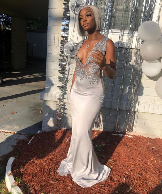 Gray Mermaid Prom Dress Long Evening Gowns Satin Fabric
