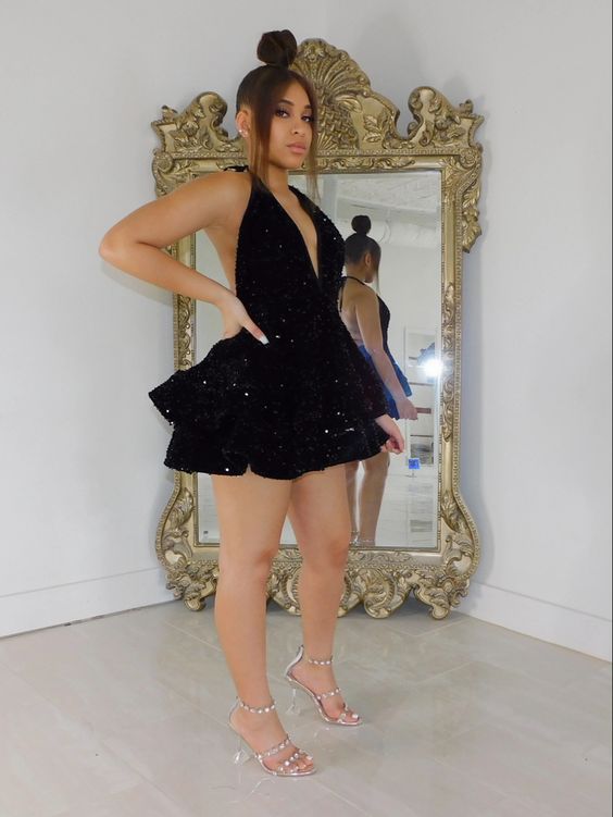 Sexy Black Sparkling Cocktail Party Dress Sequin Back Open Gown