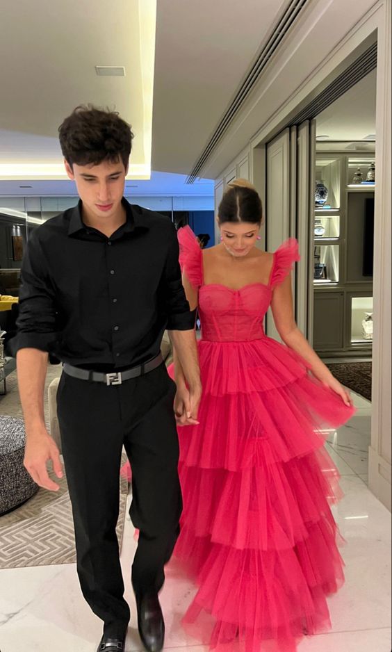 Pink Tulle Prom Dresses Long Evening Gowns