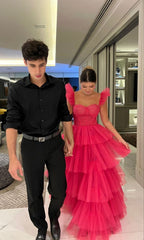 Pink Tulle Prom Dresses Long Evening Gowns