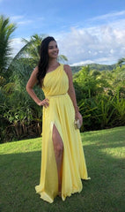 Yellow One Shoulder Long Prom Evening Dresses Sexy Unique Formal Gowns