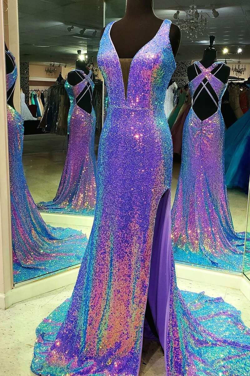 Purple Multi Sequins V Neck Cross Back Formal Gown Dress