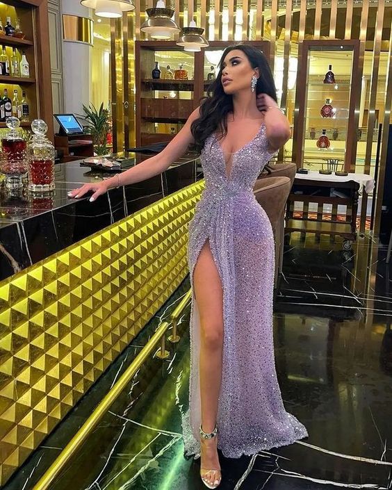 Purple Long Sequin Evening Prom Gown Party Dress