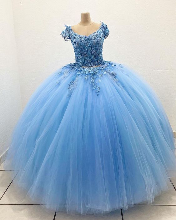Blue Tulle Ball Gown Prom Dress Long Evening Lace-Up Corset