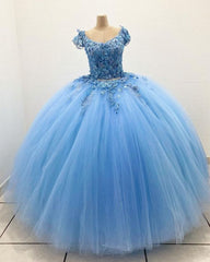 Blue Tulle Ball Gown Prom Dress Long Evening Lace-Up Corset