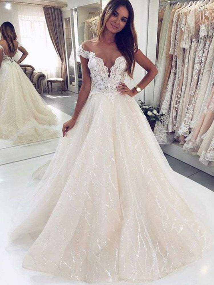 Elegant A-Line Tulle Off-Shoulder Wedding Gown with Open Back Design