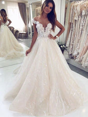 Elegant A-Line Tulle Off-Shoulder Wedding Gown with Open Back Design
