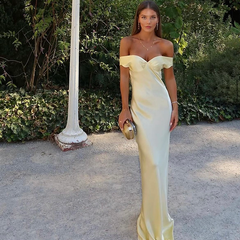Elegant Mermaid Off-Shoulder Yellow Satin Long Evening Gown Prom Dress SD2063