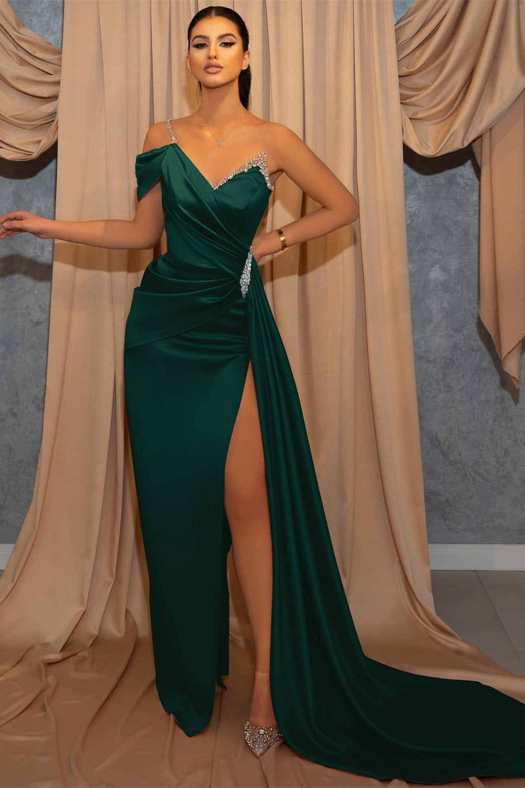 Elegant One-Shoulder Beaded Mermaid Prom Dress with Ruffle and Slit